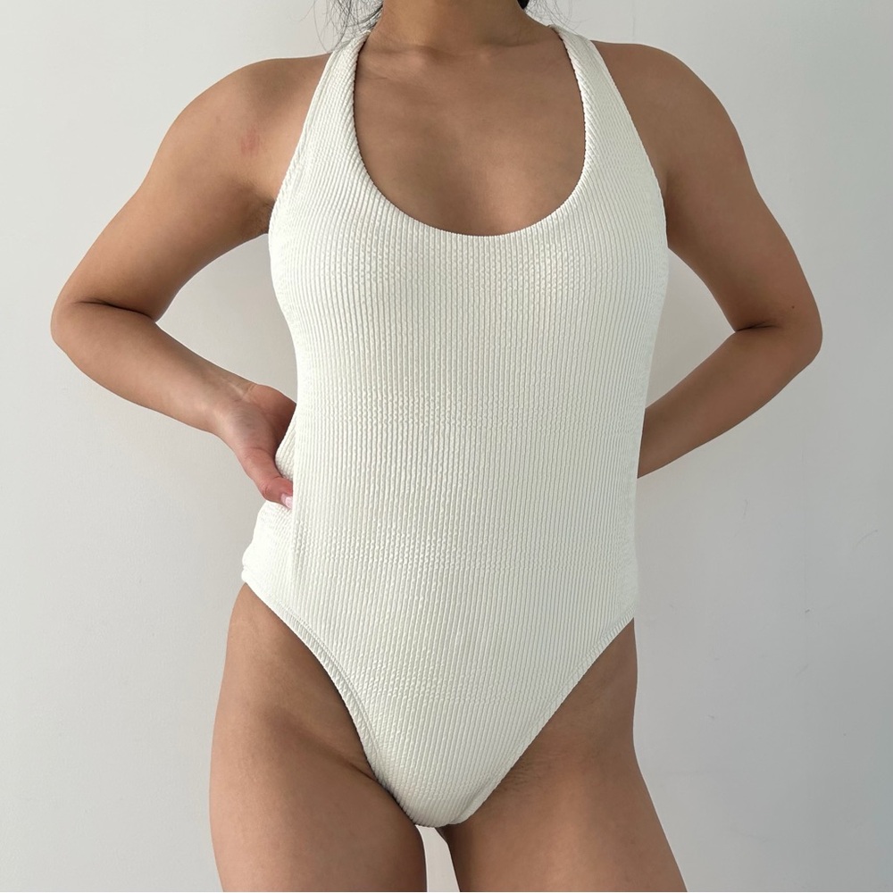 Nike Swim Cream Ribbed One Piece Swimsuit - Small